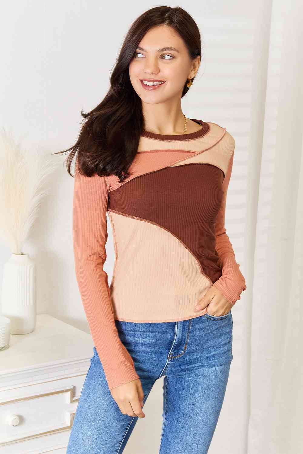 Double Take Color Block Exposed Seam Long Sleeve Top Chestnut