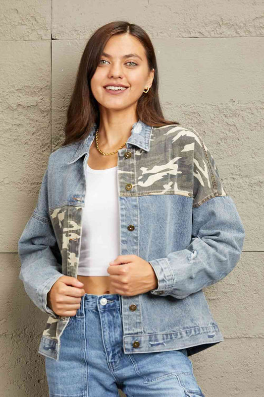 GeeGee Full Size Washed Denim Camo Contrast Jacket Light