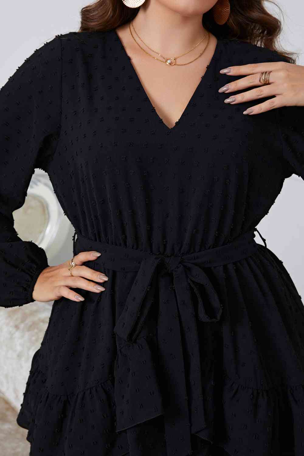 Melo Apparel Plus Size Swiss Dot Tie Waist V-Neck Dress