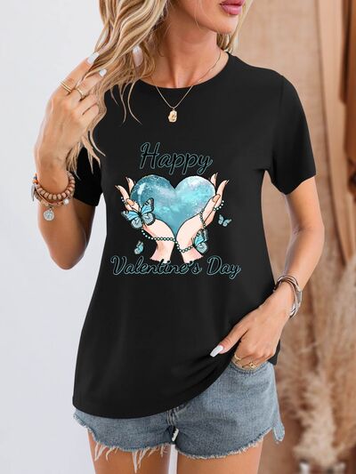 HAPPY VALENTINE'S DAY Round Neck Short Sleeve T-Shirt Black