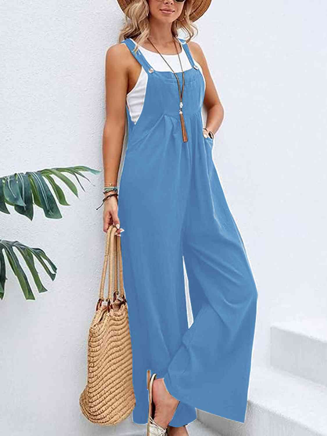 Full Size Wide Leg Overalls with Pockets Sky Blue