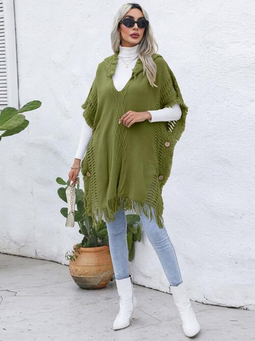 Fringe Trim Buttoned Hooded Poncho Moss One Size