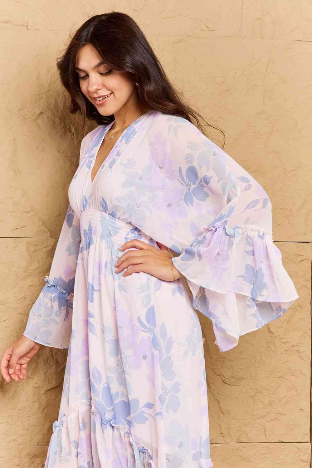 OneTheLand Take Me With You Floral Bell Sleeve Midi Dress in Blue