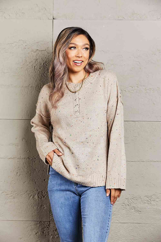 Woven Right Colorful Exposed Seam Henley Sweater Taupe