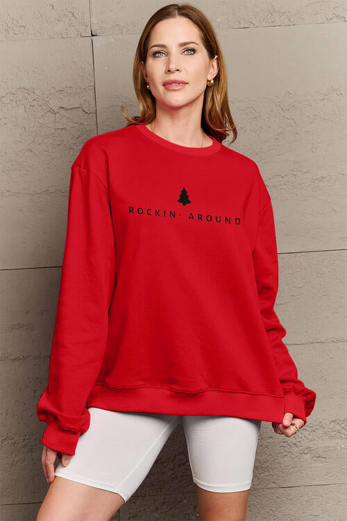 Simply Love Full Size ROCKIN AROUND Long Sleeve Sweatshirt Scarlet