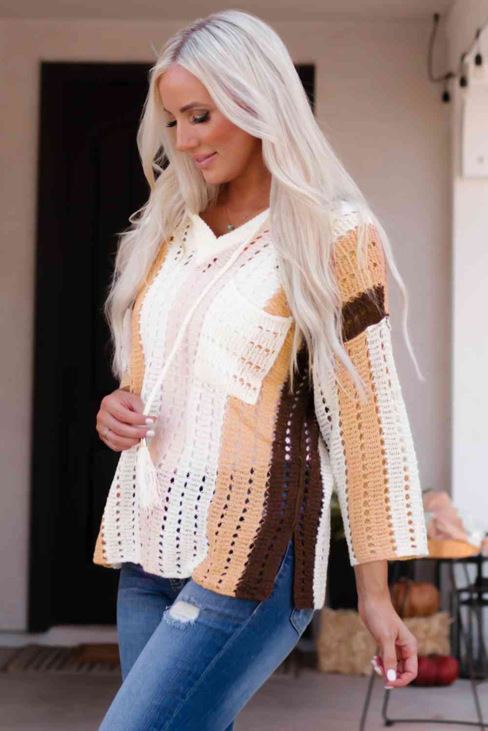 Woven Right Color Block Openwork Hooded Sweater