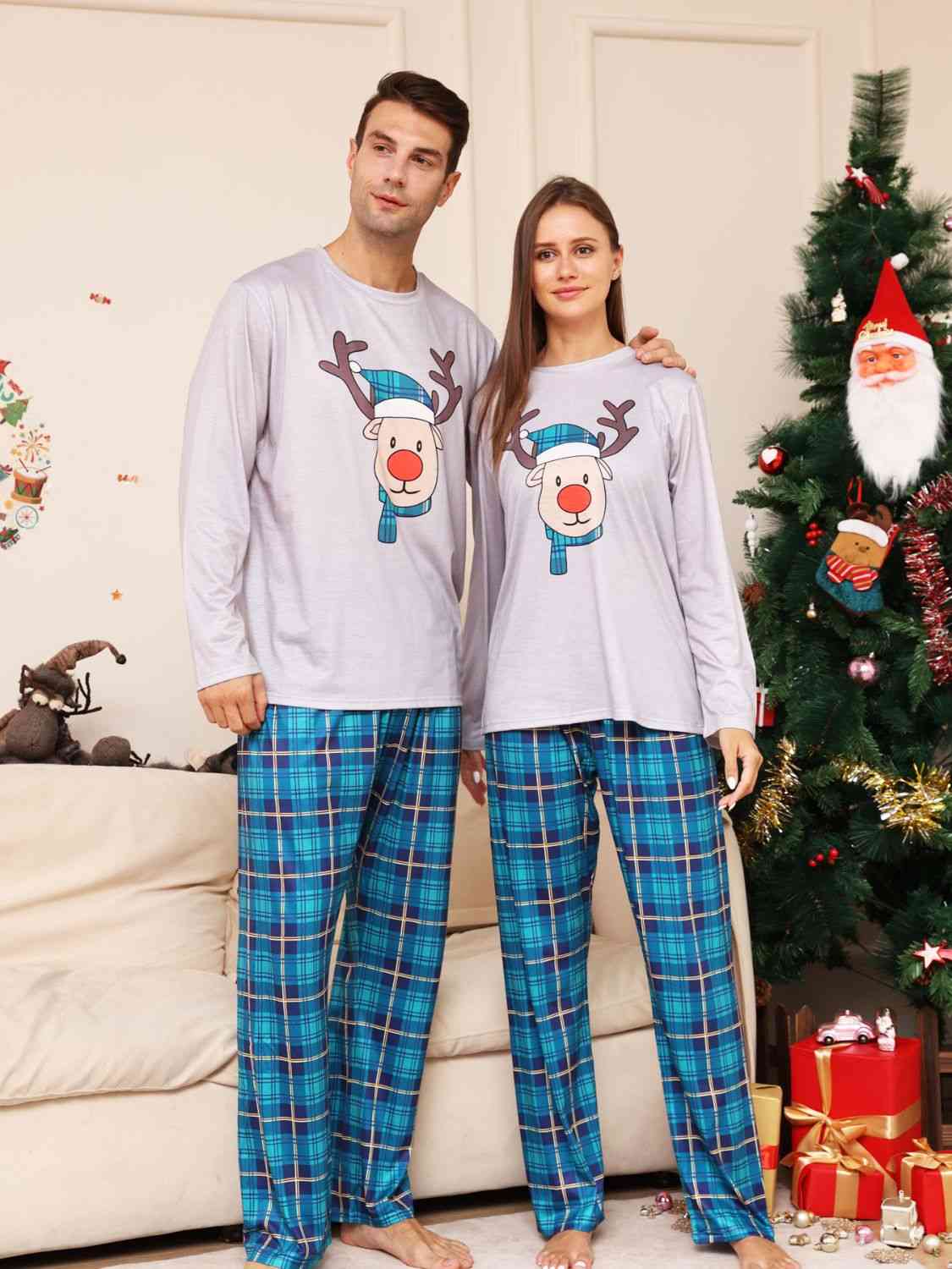 Full Size Rudolph Graphic Long Sleeve Top and Plaid Pants Set