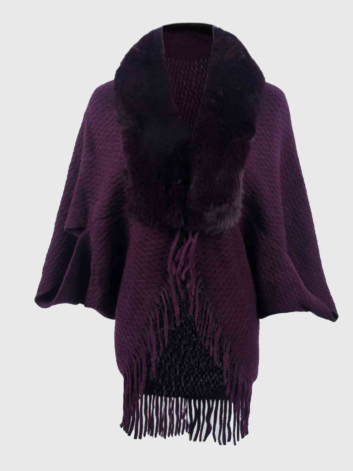 Open Front Fringe Hem Poncho Plum One Size