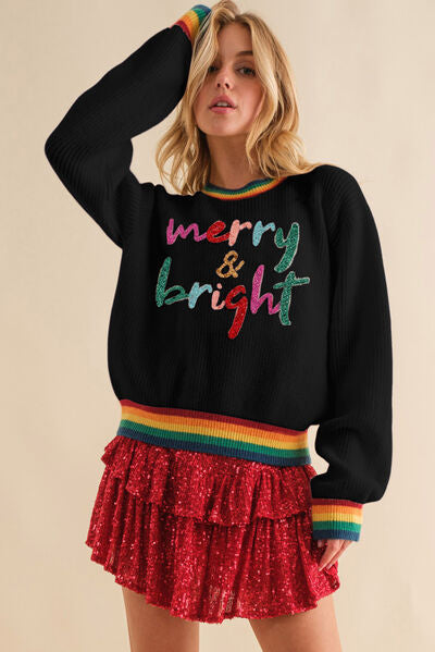 MERRY & BRIGHT Ribbed Round Neck Sweater Black