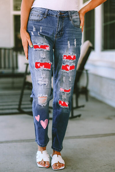 Heart Distressed Jeans with Pockets Medium