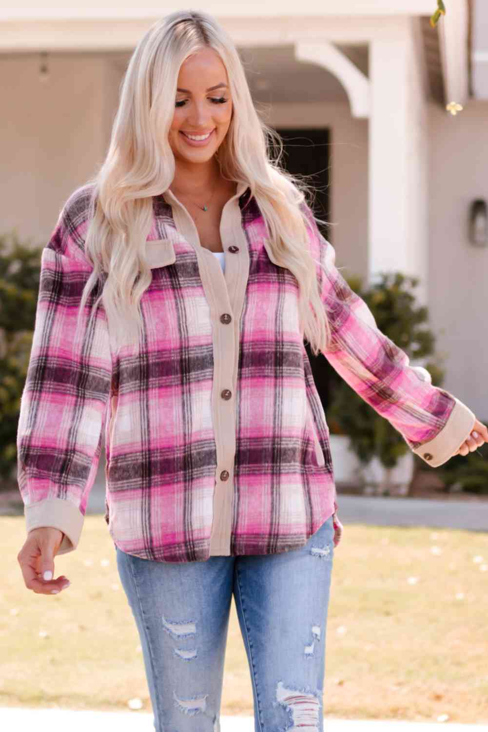 Double Take Plaid Contrast Detail Shacket Rose