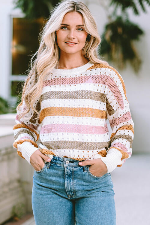 Openwork Striped Round Neck Long Sleeve Knit Top Multicolor