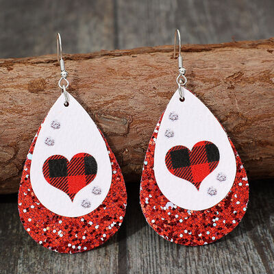 Heart Sequin Leather Teardrop Earrings