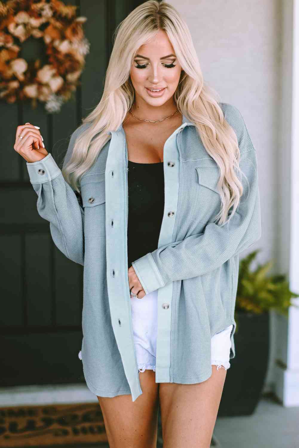 Button Down Drop Shoulder Jacket Misty Blue