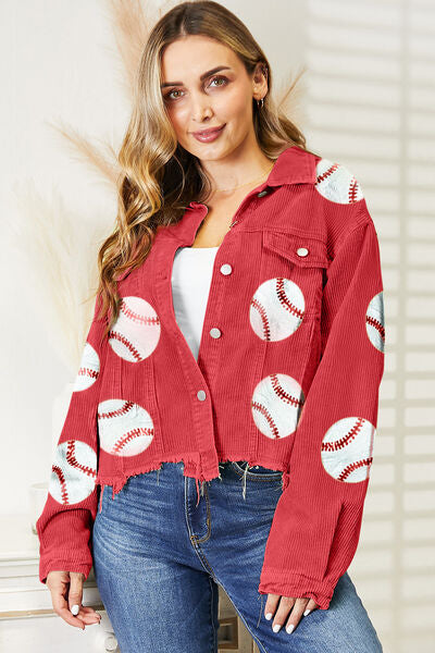 Ball Sequin Dropped Shoulder Raw Hem Jacket Deep Red