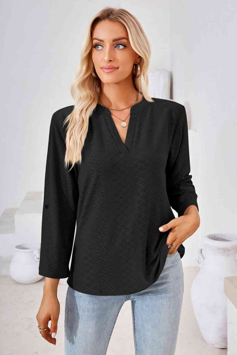 V-Neck Roll-Tap Sleeve Blouse Black