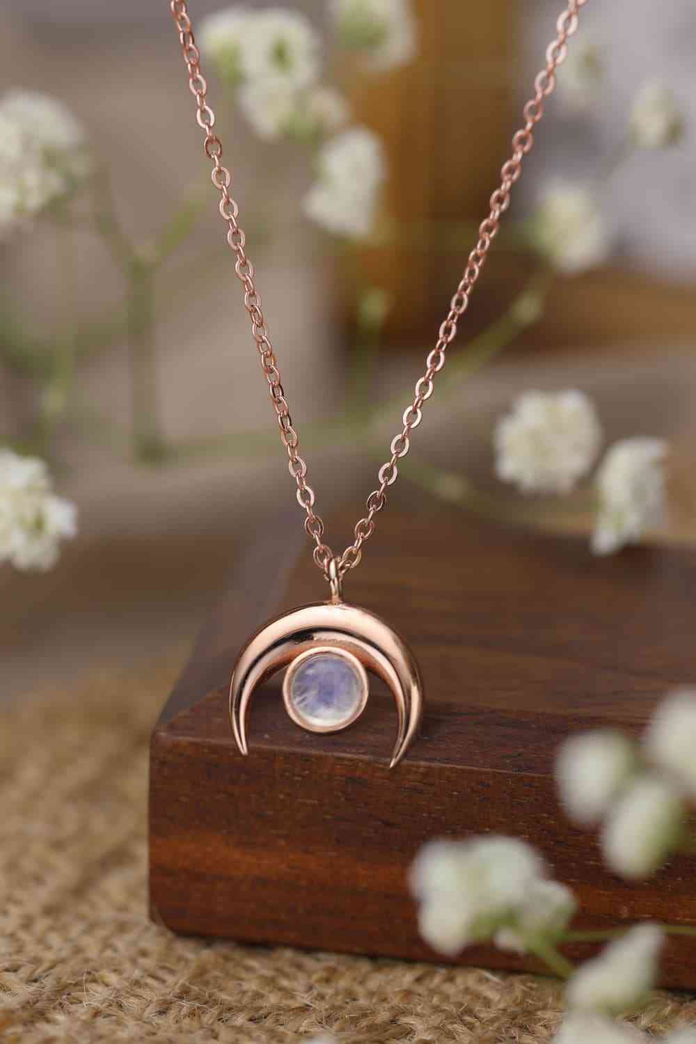 High Quality Natural Moonstone Moon Pendant 925 Sterling Silver Necklace Rose Gold One Size