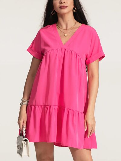 V-Neck Short Sleeve Ruffle Hem Dress Hot Pink