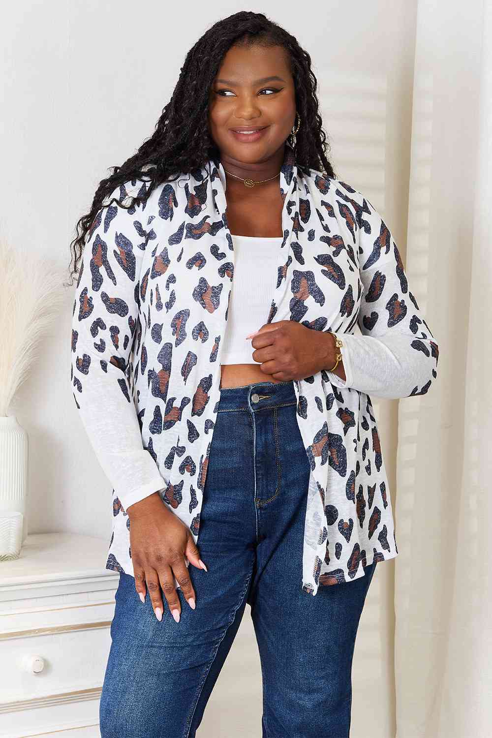 Double Take Leopard Long Sleeve Cardigan White