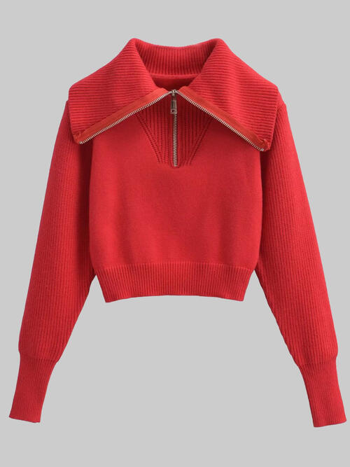 Half Zip Ribbed Collared Neck Knit Top Deep Red