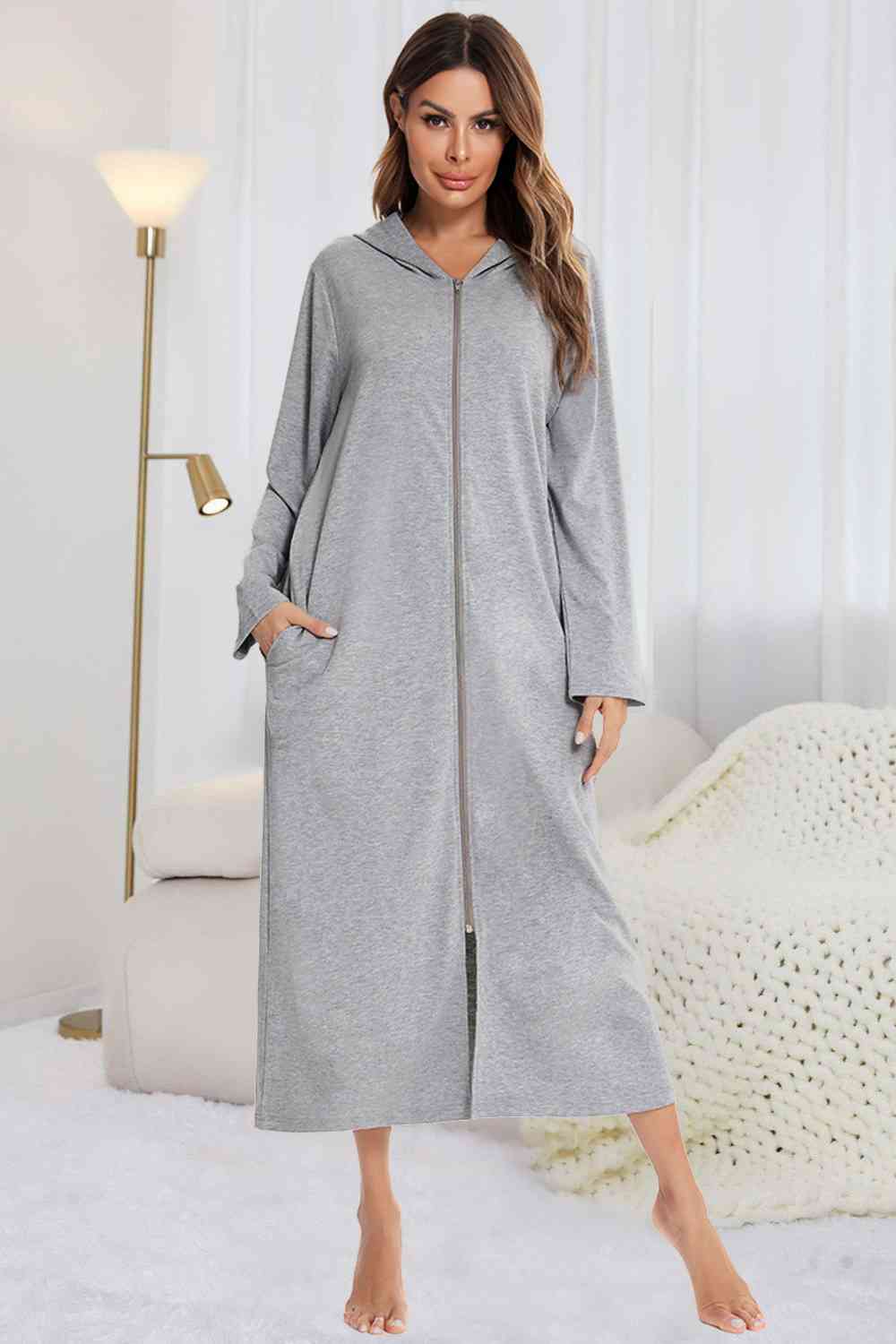 Zip Front Hooded Night Dress with Pockets Light Gray