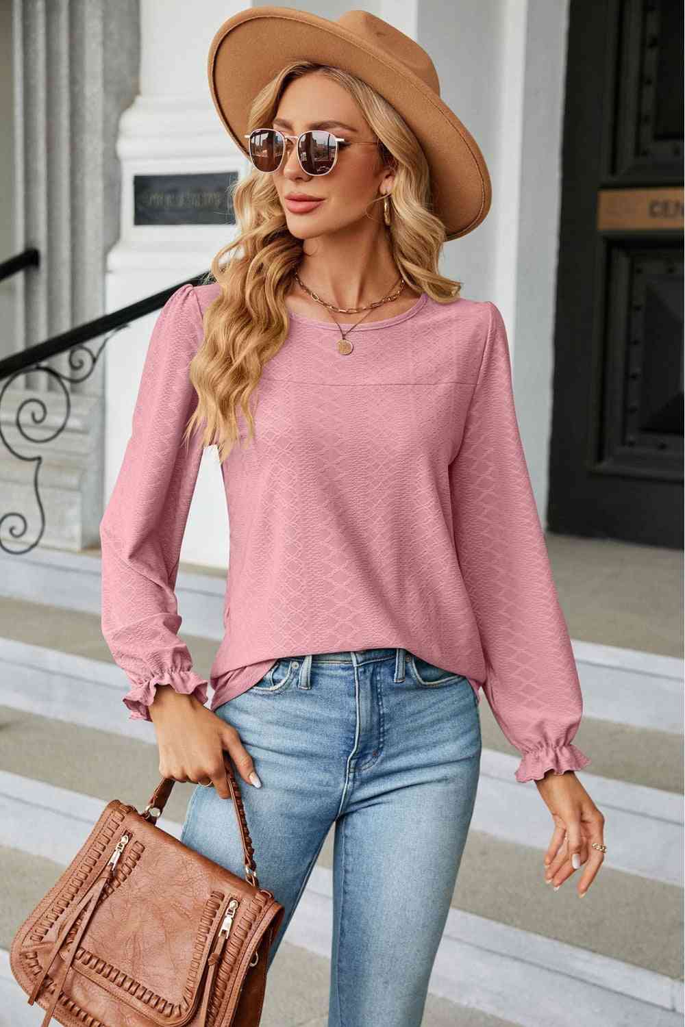 Round Neck Flounce Sleeve Blouse Carnation Pink