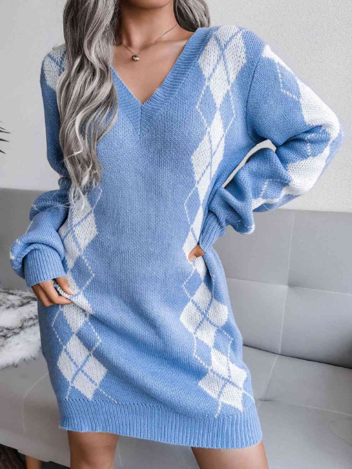 Woven Right Argyle V-Neck Ribbed Trim Sweater Dress Blue