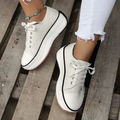 Contrast Trim Round Toe Platform Canvas Sneakers White