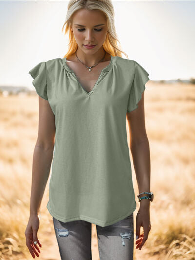 Ruffled Notched Cap Sleeve Tank Sage