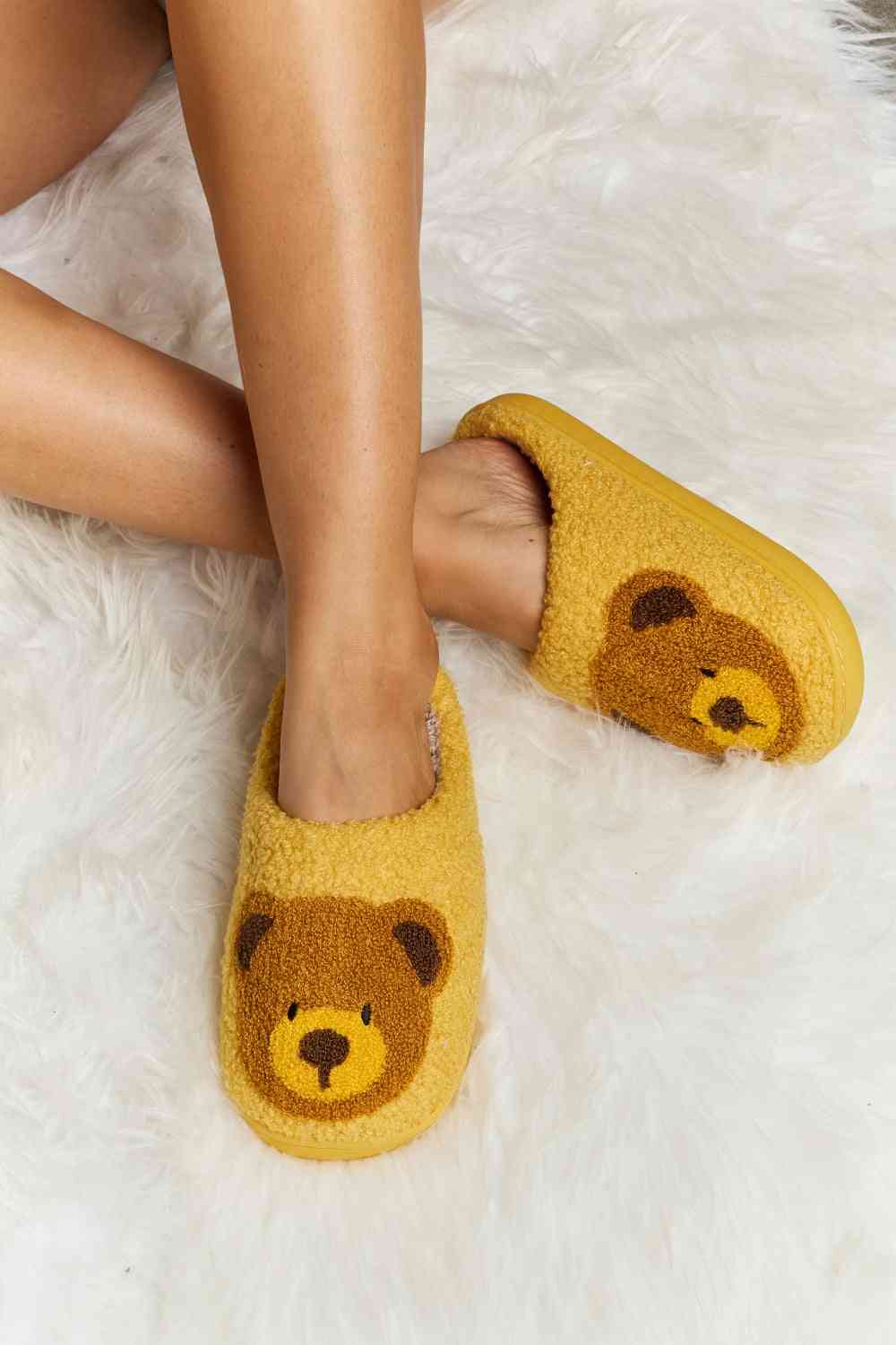 Melody Teddy Bear Print Plush Slide Slippers Mustard