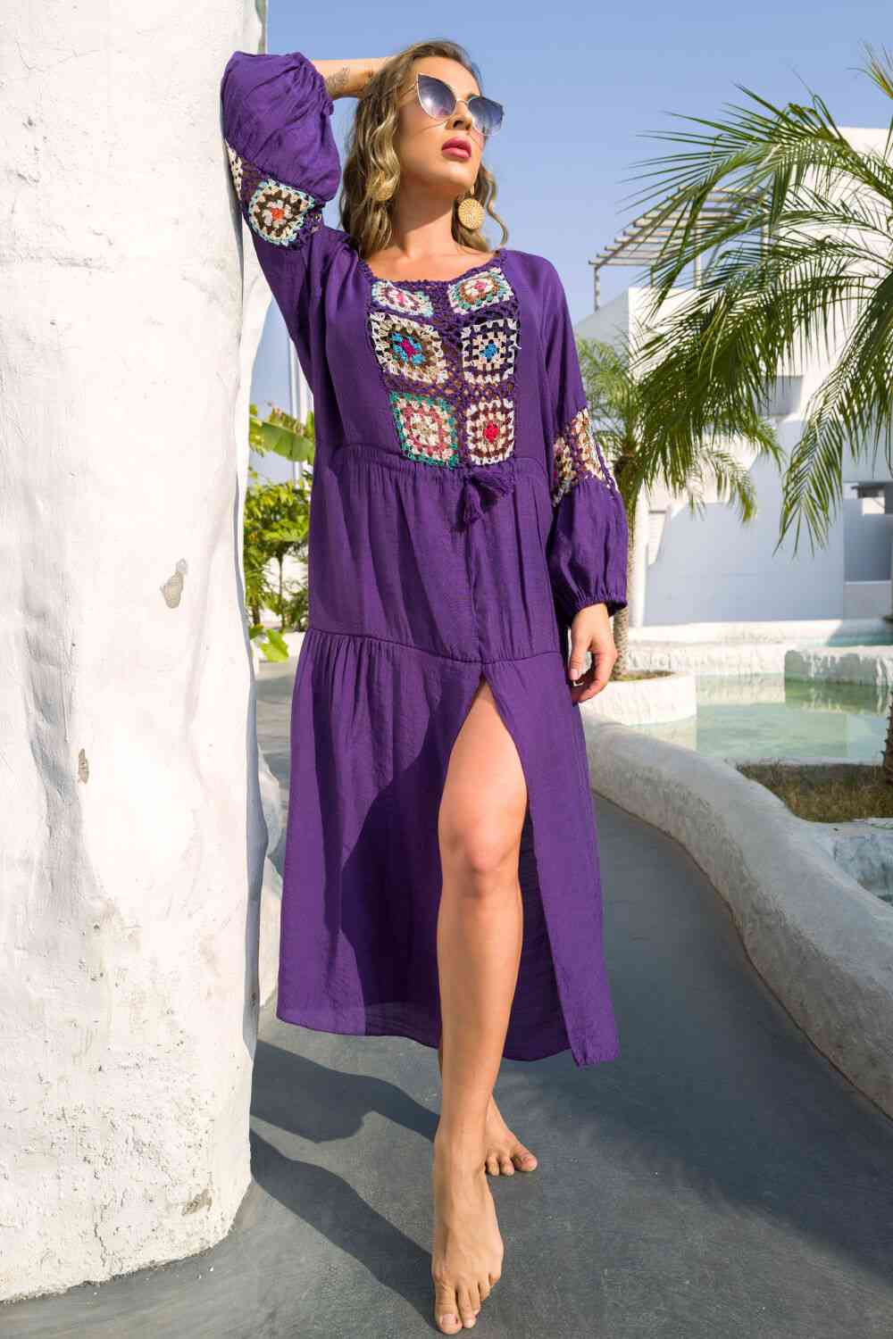 Bohemian Graphic Front Split Dress Violet One Size