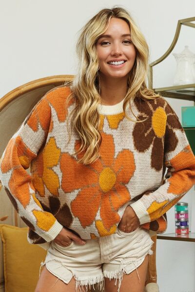 BiBi Round Neck Flower Pattern Sweater OATMEAL COMBO