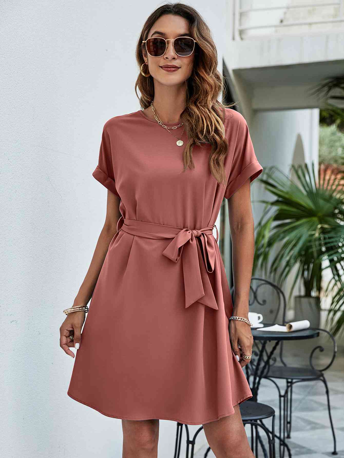 Belted Round Neck Curved Hem Dress Burnt Coral