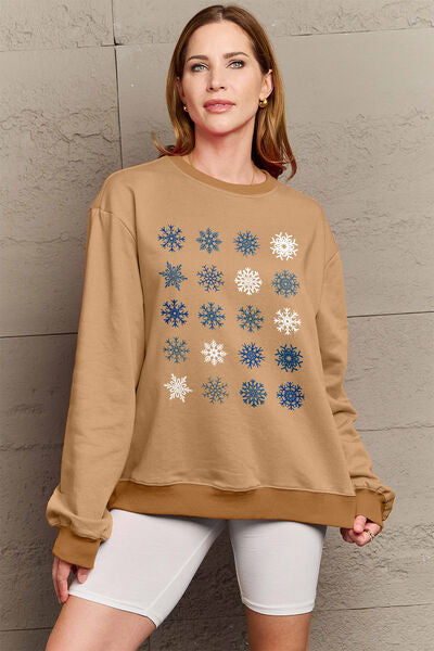 Simply Love Full Size Snowflakes Round Neck Sweatshirt Camel