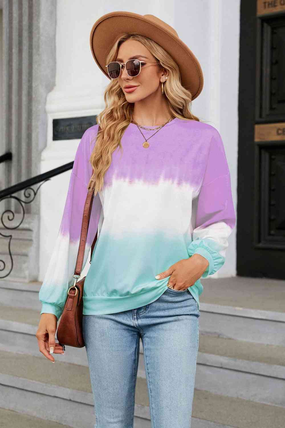 Gradient Round Neck Long Sleeve Sweatshirt Lavender