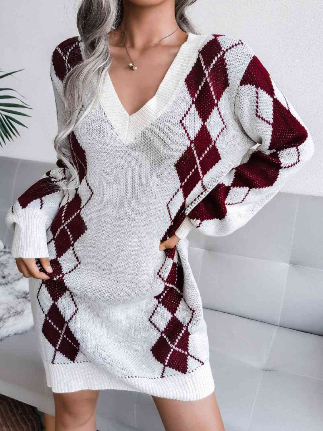 Woven Right Argyle V-Neck Ribbed Trim Sweater Dress White