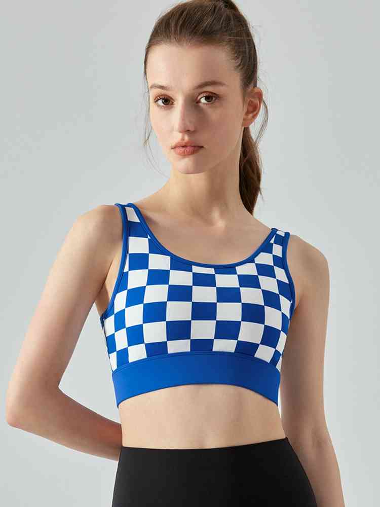 Round Neck Plaid Cropped Sports Tank Top Cobalt Blue