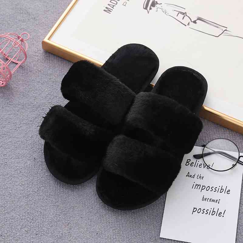 Faux Fur Double Strap Slippers Black