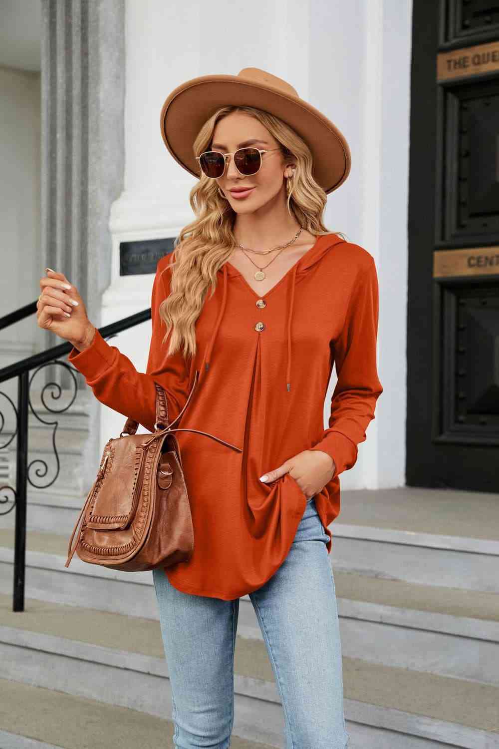 Long Sleeve Hooded Blouse Orange