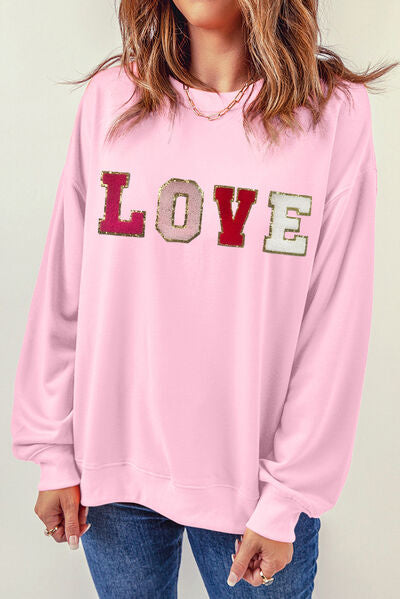 LOVE Patch Round Neck Dropped Shoulder Sweatshirt Blush Pink