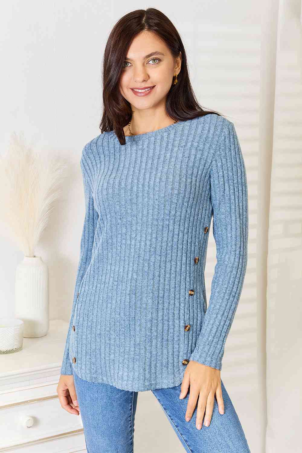 Double Take Round Neck Ribbed Long Sleeve T-Shirt Misty Blue