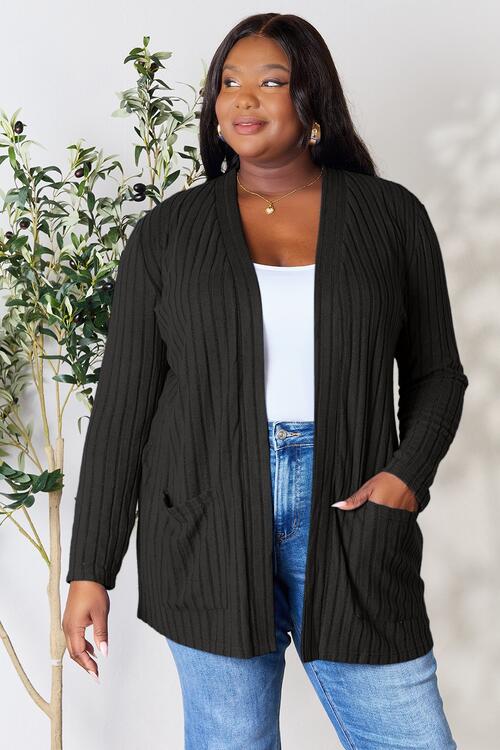Basic Bae Full Size Ribbed Open Front Cardigan with Pockets Black