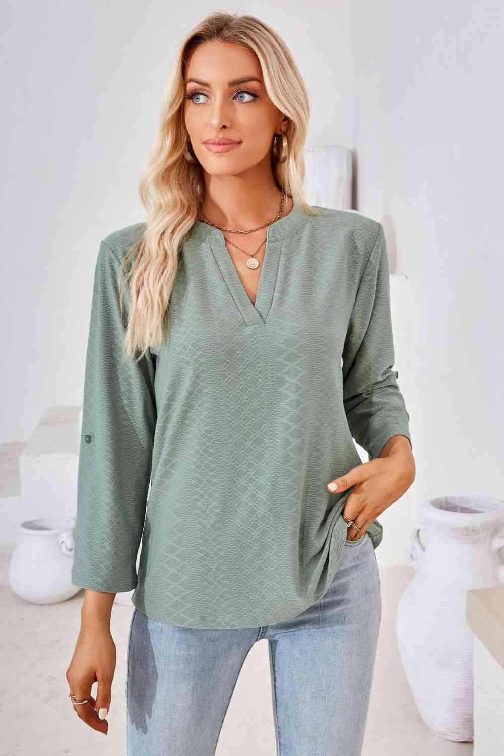 V-Neck Roll-Tap Sleeve Blouse Sage