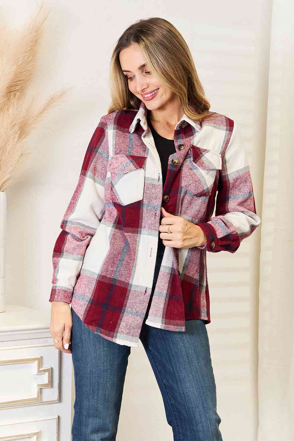 Double Take Plaid Button Up Flannel Shirt Jacket Wine