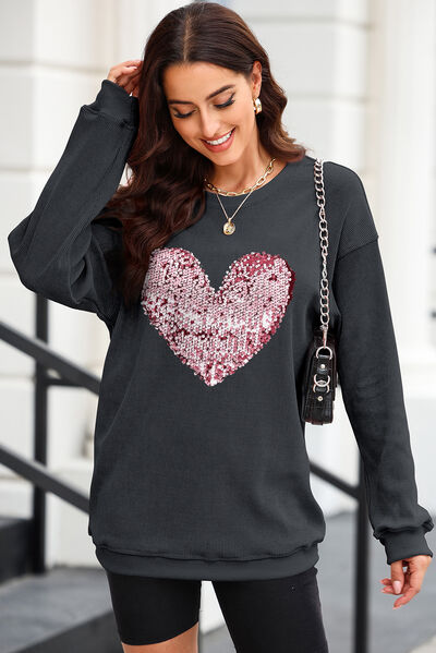 Heart Sequin Round Neck Sweatshirt Black