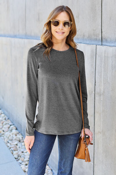 Basic Bae Full Size Round Neck Long Sleeve Top Charcoal