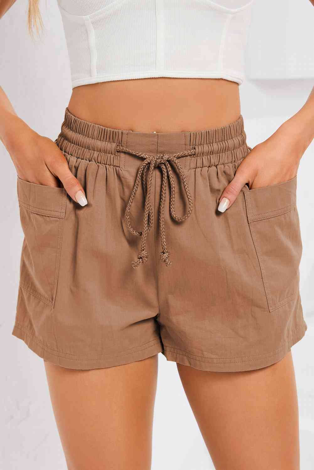 Drawstring Smocked Waist Pocketed Shorts Camel