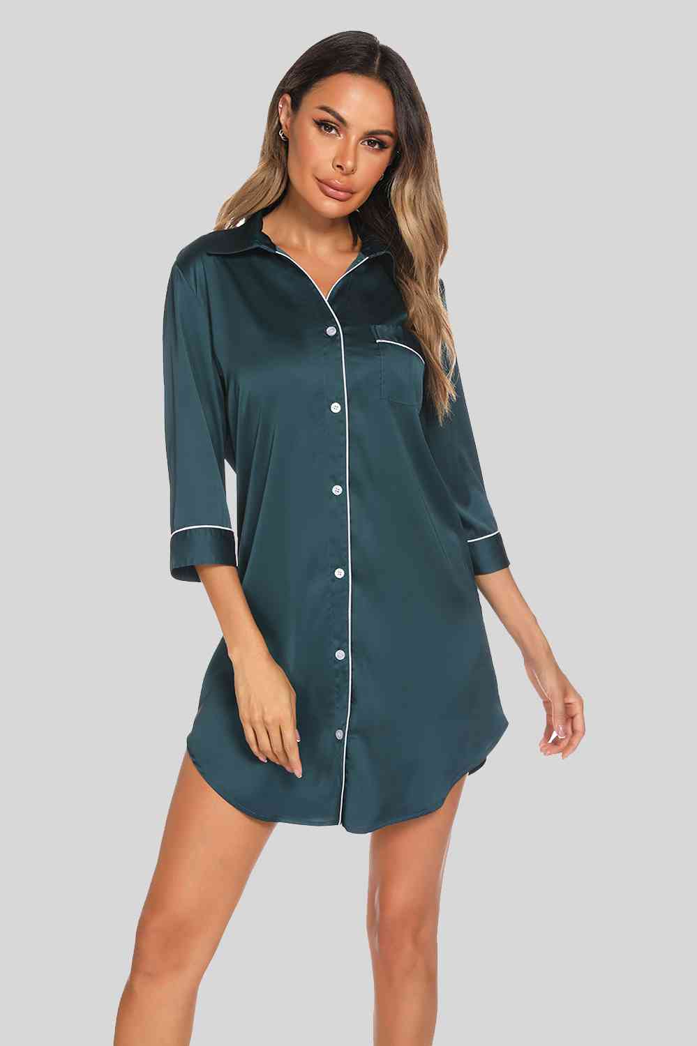 Button Up Collared Neck Night Dress with Pocket Deep Teal