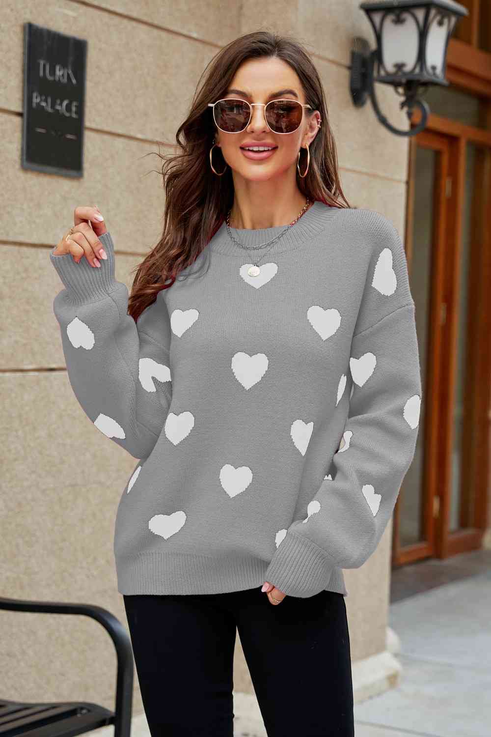 Woven Right Heart Pattern Lantern Sleeve Round Neck Tunic Sweater Gray