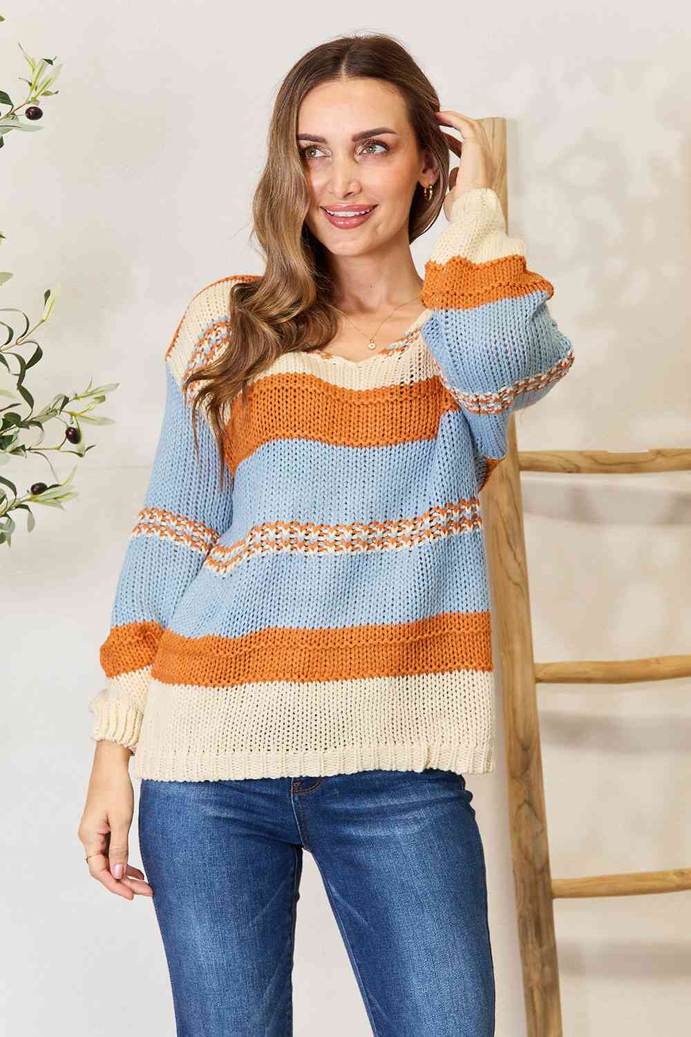 Woven Right Color Block Scoop Neck Sweater Red Orange